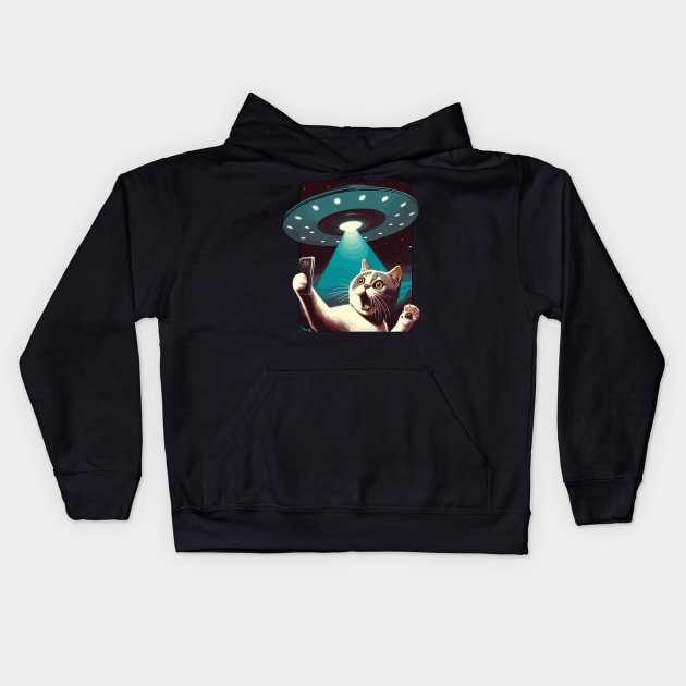 Funny Cat Selfie With UFOs Behind Kids Hoodie by KromADesign